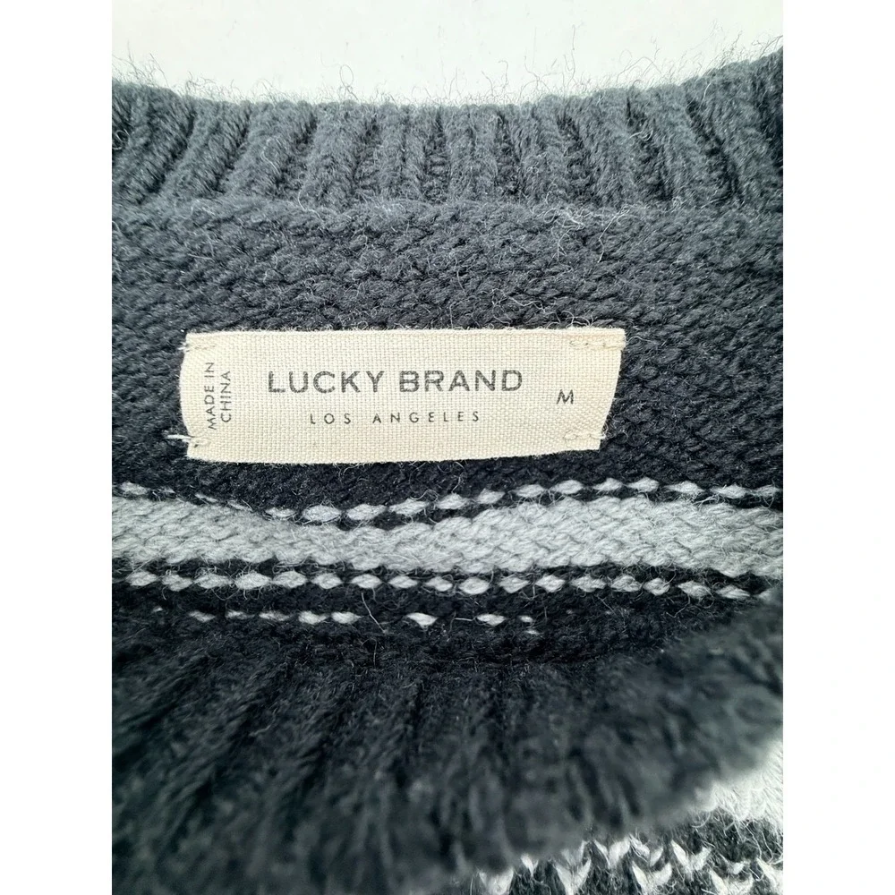 Lucky Brand Womens Striped Knit Sweater‎ Medium Black White Crewneck Textured